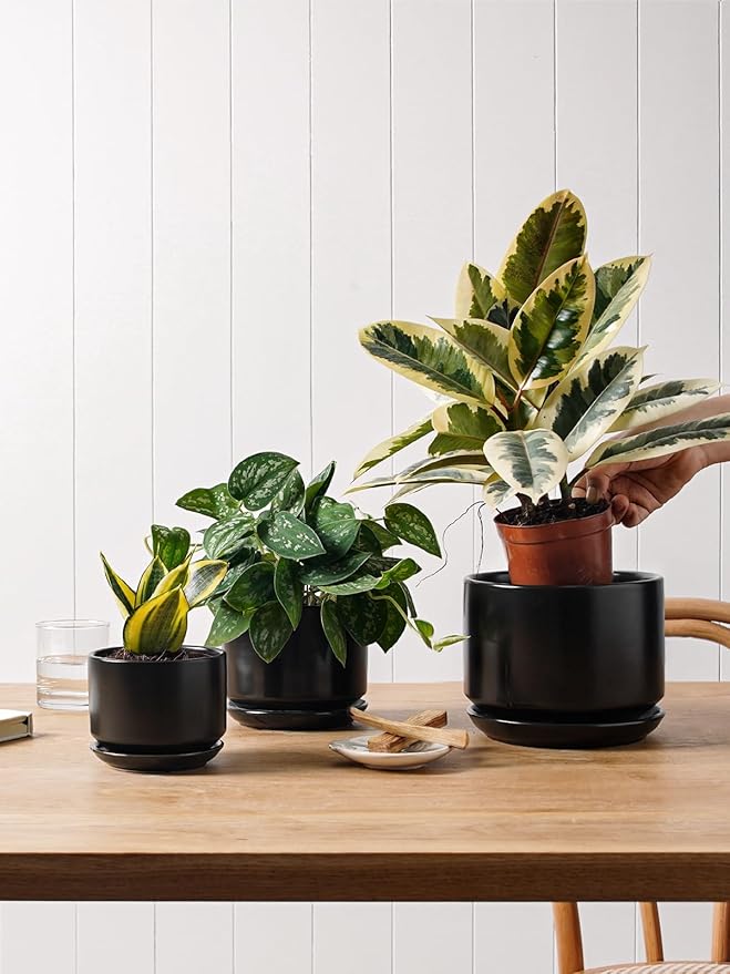 LE TAUCI Ceramic Plant Pots, 4.3+5.3+6.8 inch, Set of 3, Planters with Drainage Hole and Saucer, Indoor Flower Pot with Hole Mesh Pad, Gifts for Mom, Black
