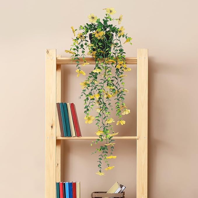 FAVOWREATH Fake Plants Hanging Artificial Potted Faux Eucalyptus Plants and Flowers for Modern Boho Farmhouse Bathroom Office Desk Wall Book Shelf Living Room Aesthetic Decor Indoor (Yellow)