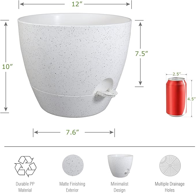 UOUZ 12 inch Large Self Watering Pots, Plastic Planters with 60oZ Removable Deep Reservoir and Multi Mesh Drainage Holes for Indoor Outdoor Garden Plants and Flowers, White Speckles