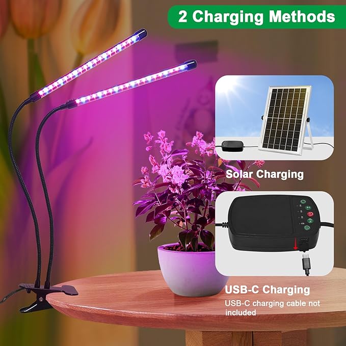 Solar Grow Lights with Batteries, 2 Heads Clip Plant Growing Lamp with Red Blue Spectrum for Indoor Plants, 3/9/12H Timer, 3 Dimmable Level, Adjustable Gooseneck,3 Switch Modes, Auto On Off