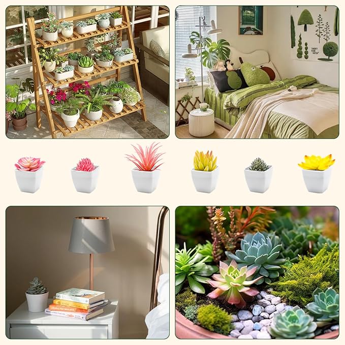 6 Pcs Pink Artificial Succulent Plants in Black Pots, Small Fake Succulents for Pink Room Decor Bathroom Decor Office Desk, Lifelike Faux Plants with Minimalist Modern Aesthetic