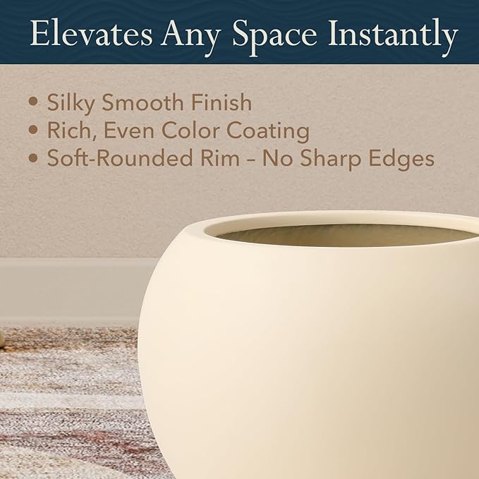 KUTE NEST 9.7" H x 12" D Premium Globo Fiberstone Round Planter with Drainage Hole, Weather Resistant for Indoor and Outdoor Use, Included 2 Extra Coco Mats (Kilim Beige, 7.8" Pot Opening)
