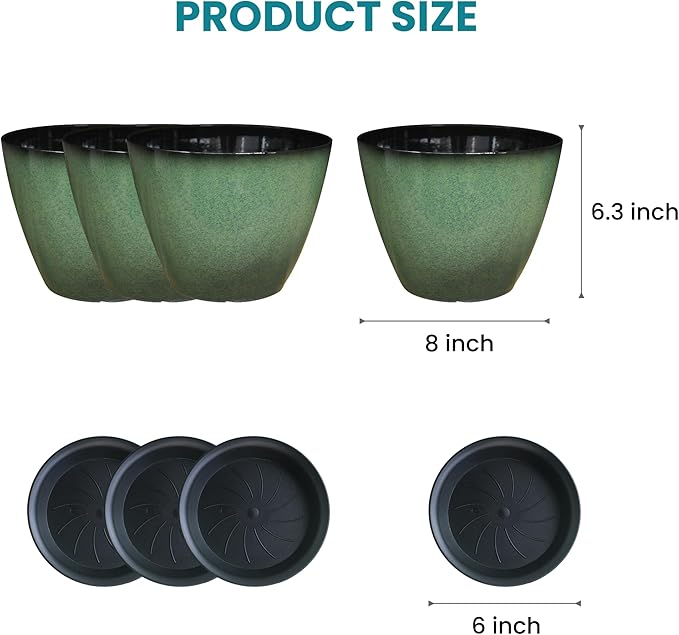 Vanslogreen 4 Pack 8 inch Plant Pots, Plastic Planter for Indoor Outdoor Plant with Drainage Holes and Saucers, Flower Pots for Garden Home Decor(Green, 4pcs)