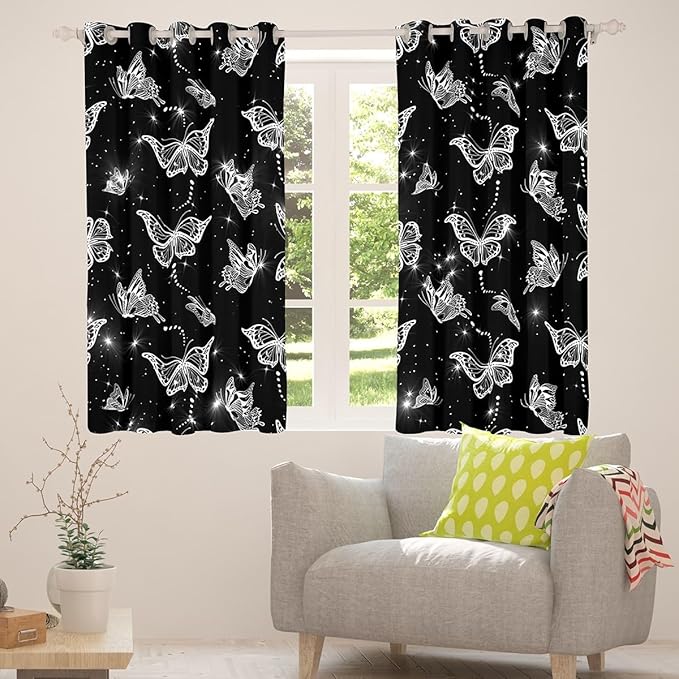 White Butterflies Curtains & Drapes,Moth Wildlife Wild Animals Window Curtains 2 Panels 52"Wx84"L,Butterfly Rustic Animal Blackout Curtains,Starry Sky Galaxy Glitter Window Treatments Black