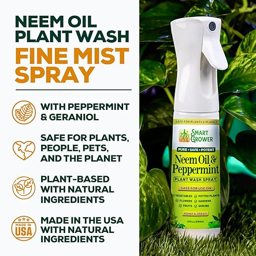 Neem Oil Spray for Plants with Peppermint Oil, Natural Plant Wash Made for Indoor and Outdoor Plants Smart Grower 10oz Easy Ready-to-Use Fine-Mist Premium Sprayer