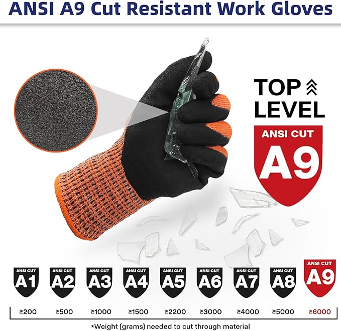 Schwer ProGuard High Level Cut Resistant Work Gloves PR3326 for Extreme Protection，ANSI A9 Cut Gloves with Reinforced Thumb, Non Slip, Durable, Touch-screen, Orange 1 Pair(XXL)