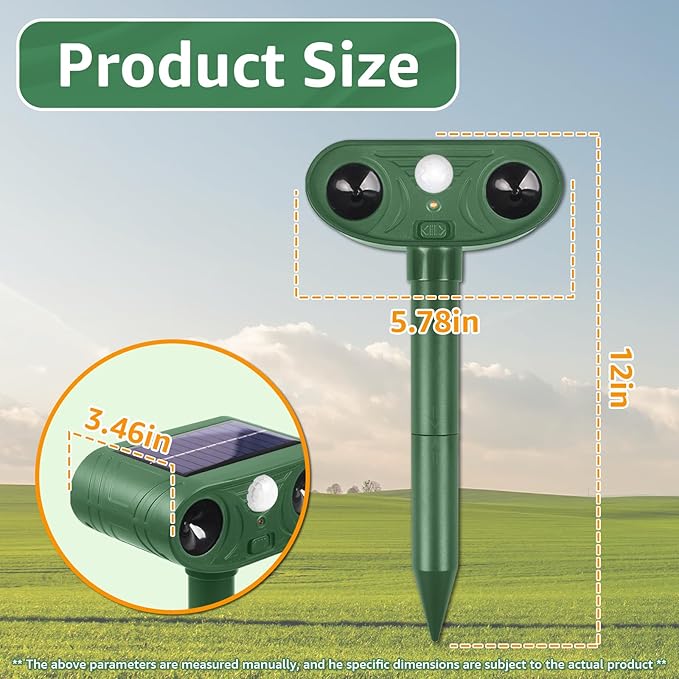 Solar Ultrasonic Animal Repellent Outdoor with Motion Sensor Strobe Light Deer Repellent Devices for Squirrel Rats Snakes Rabbit 25KHZ Silent Deterrent Dual Mode Yard Garden Lawn Pest Control 1pack