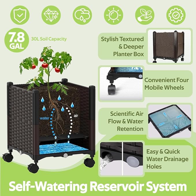 Raised Garden Bed Planter Box with Tomato Cage - Self-Watering Tomato Planters with Trellis for Climbing Plants Outdoor - Vertical Gardening Tomatoes Pot with Trellis Wheels for Vegetable Vine