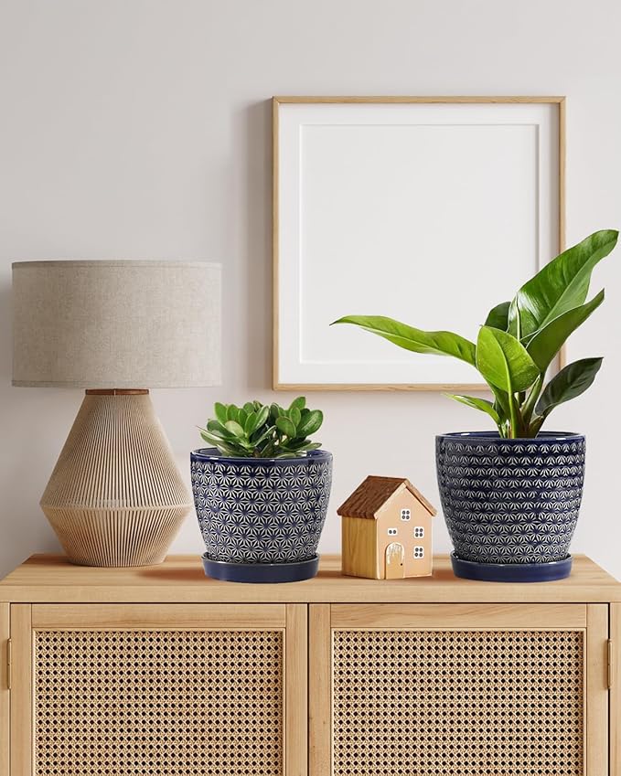 Plant Pots, Planters for Indoor Plants, Ceramic Plant Pots, 6.5+5.5 inch Plant Pot with Drainage and Saucer, Pots for Plants with Hole Mesh Pad, Set of 2, Reactive Glaze Blue