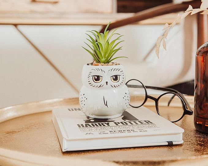 Harry Potter Hedwig 3-Inch Ceramic Mini Planter with Artificial Succulent | Small Flower Pot, Faux Indoor Plants for Desk Shelf, Home Decor Trinket Tray | Wizarding World Gifts and Collectibles