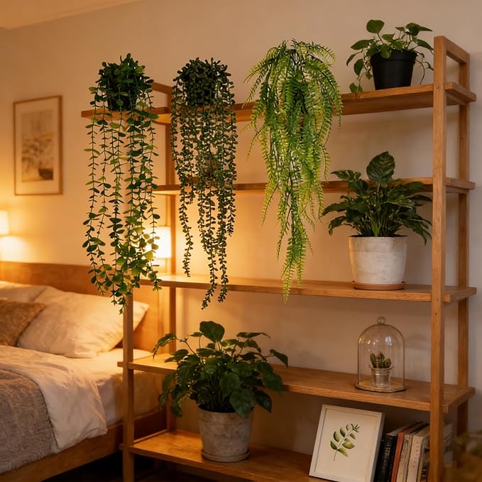 LumBelle 4 Pack Artificial Plants Wall Hanging Fake Plants Indoor for Shelf Boho Faux Eucalyptus Ivy Vine House Plants for Living Room Wall Backdrop Outdoor Decor