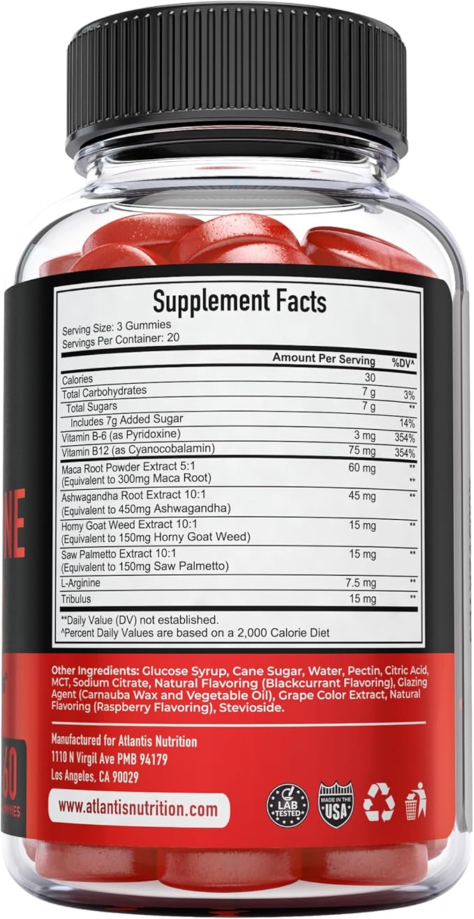 Atlantis Nutrition Testosterone Booster Gummies For Men - Enhances Strength & Stamina - Optimizes Performance & Male Enhancement - Tribulus, Goat Weed Extract, Maca Root Extract | 2-Pack (120 Gummies)