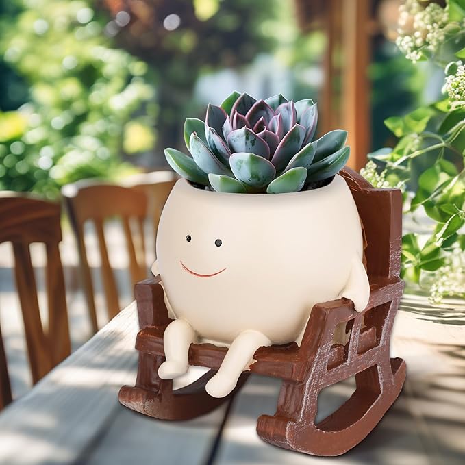 Smiling Flower Pot Rocking Chair – Whimsical, Decorative, and Practical Planter with Drainage Holes, Indoor and Outdoor Plant Pot, DIY Decoration Gift for Plant Lovers