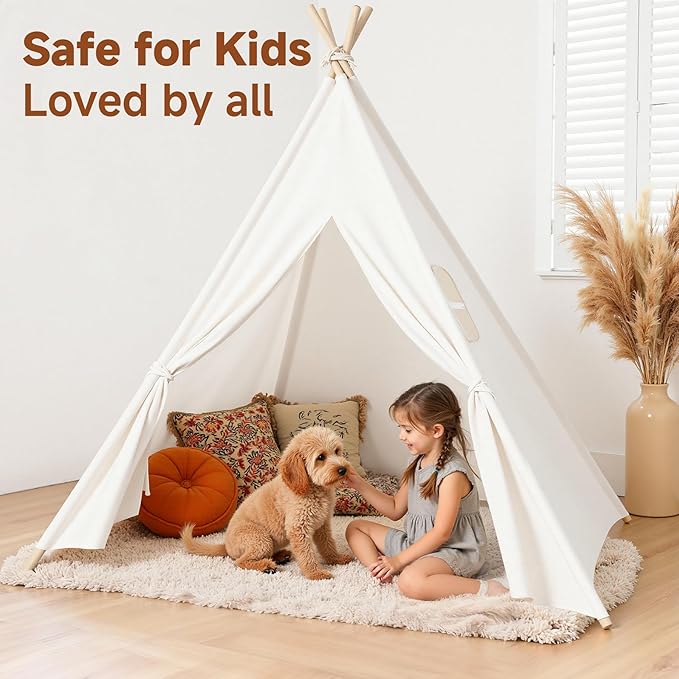 Sumbababy Teepee Tent for Kids with Mat, Cotton Canvas Indoor Foldable Tee Pee Tent for Toddler Slumber Party, Washable Play Tents Gift Toy for Girls & Boy