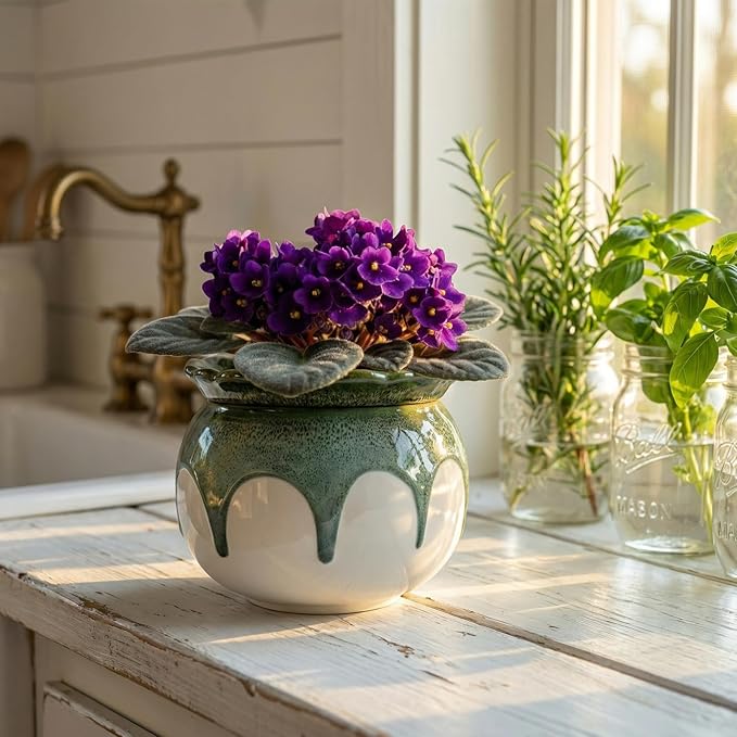 African Violet Pots, 6 Inch Self Watering Pots for Indoor Plants, Easy Plant Self Watering Planter, Ceramic Plant Pot with Absorbent Inner Pot for Flowers - Gradient Green (No Plants)