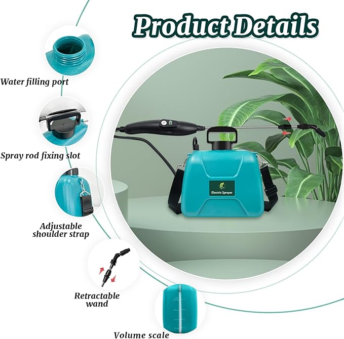 1.35 Gallon Battery Powered Sprayer, Electric Garden Sprayer with Rechargeable Handle, 3 Mist Nozzles, Retractable Wand, Water Pump Sprayer with Adjustable Shoulder Strap for Yard, Lawn and Garden