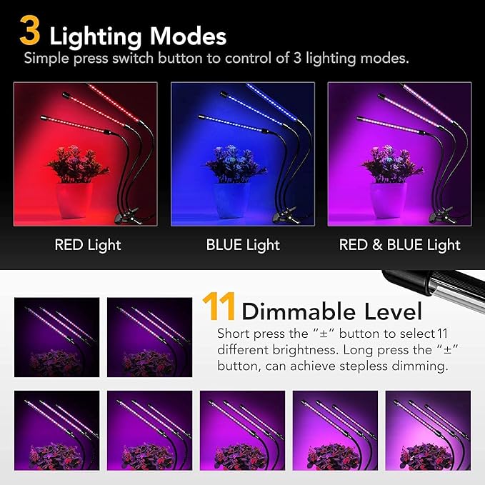 iPower 3 Heads Red&Blue Spectrum LED Grow Light with Adjustable Gooseneck, Auto ON & Off Timer and Multi-Dimmable Levels