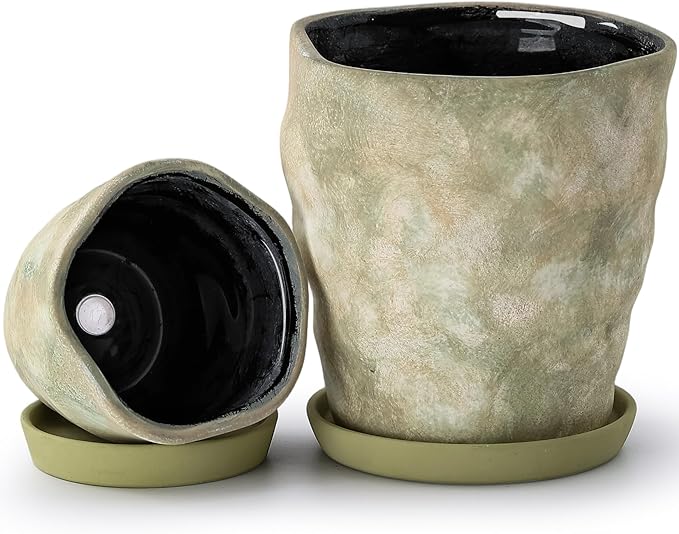 Modern Irregular Ceramic Planter Set of 2-4+6 Inch Unique Reactive Glaze Flower Pots with Drainage Holes & Saucers - Indoor Outdoor Decorative Succulent Orchid Pots, Light Green