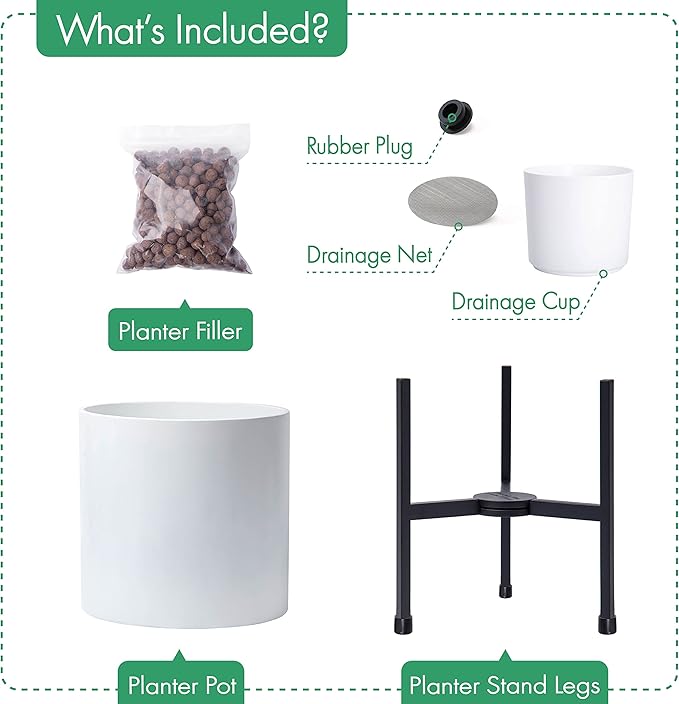 D'vine Dev Mid Century Fiberglass Resin Planter Pot with Iron Stand, 8 inch, Matte White, 96-A-1-S