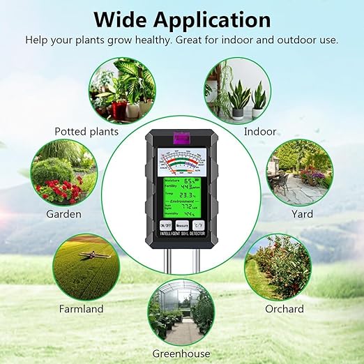 6-in-1 Soil Moisture Meter, Hygrometer for Plants with Soil Moisture, PH Meter, Temperature, Sunlight, Fertility, Environmental for Farming, Gardening (2*AAA Battery Needed)