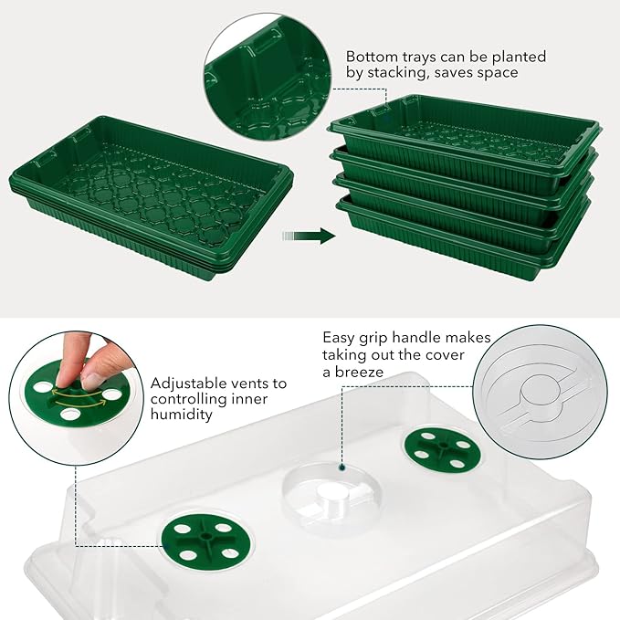 YAUNGEL Seed Starter Tray, Super Thicken 160 Cells Seed Starter Kit with Humidity Dome Durable Seeding Starting Trays for Greenhouse Germination Trays Green, 4 Pack
