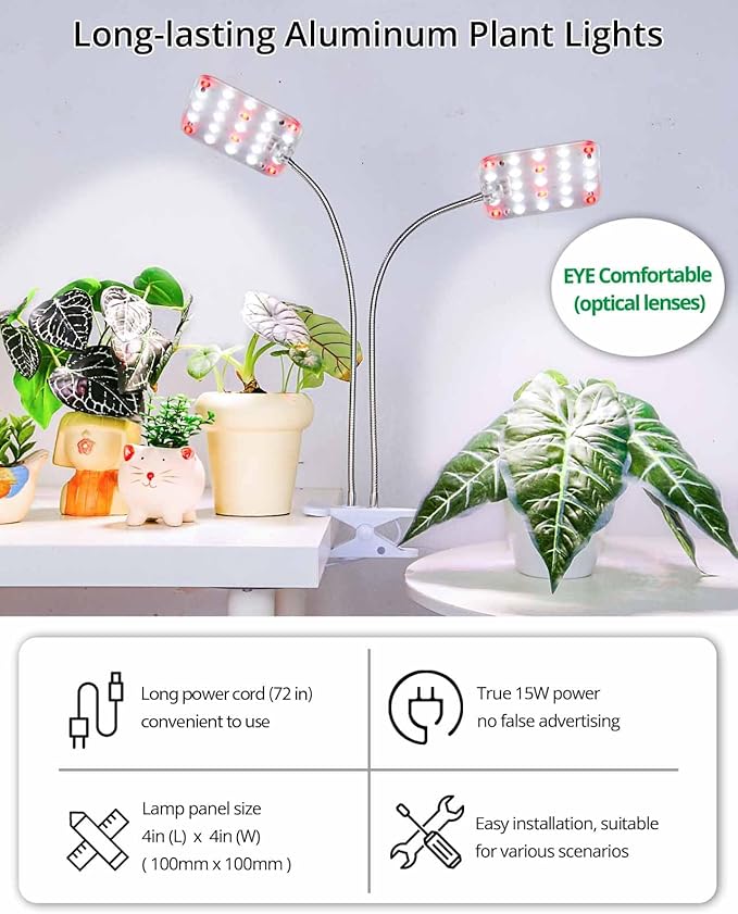 DOMMIA Plant Light, Dimmable Desk Clip on Plant Light for Indoor Plants with 6/12/16h Timer, Gooseneck Grow Lamps, Full Spectrum for Seeding, Succulent, Potted Plants, 2-Head