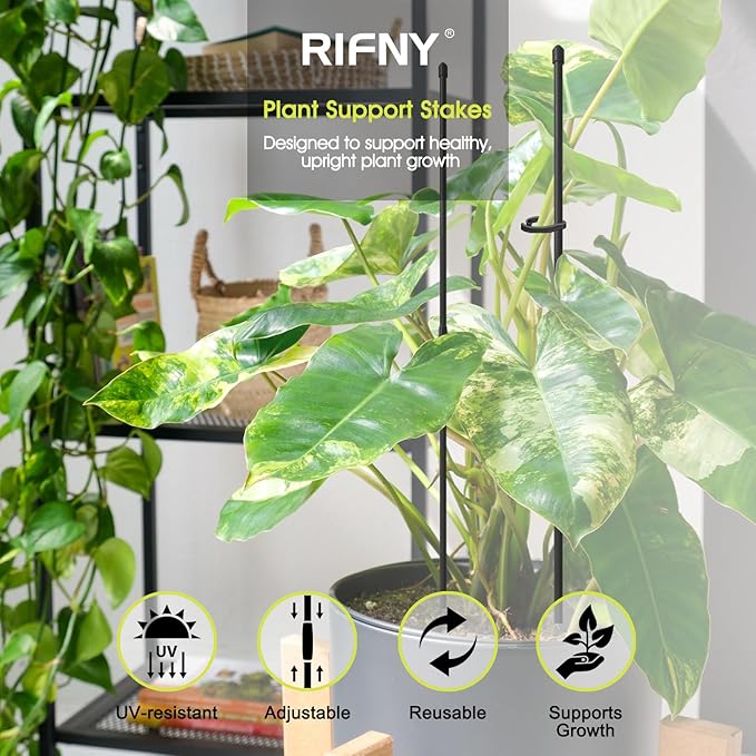 Plant Stakes for Indoor Plants, RIFNY 14 Inch Plant Support Stakes with Clips, Tall Adjustable Plant Sticks for Indoor Monstera Tomato Orchid Potted Plants Flower (6 PCS, Black)
