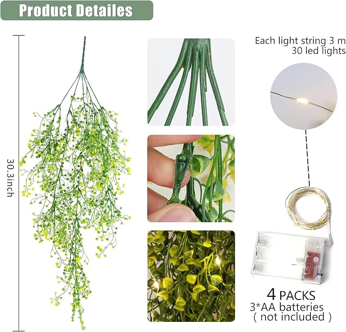 RECUTMS 4Pcs Artificial Hanging Ferns Plants with 30 Lights Fake Ivy Vine Faux Greenery Garland for Porch Fence Patio Yard Wedding Party Indoor Outdoor Decorations (Yellow)