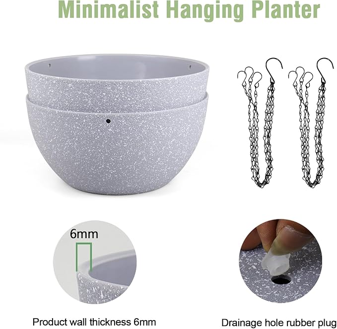 Meowell 10 inch Hanging Planters for Indoor Outdoor Plants, 2 Pack Hanging Flower Pots with Drainage Holes and Chain for Garden Porch, Plastic Hanging Baskets for House Plants, Speckled Grey