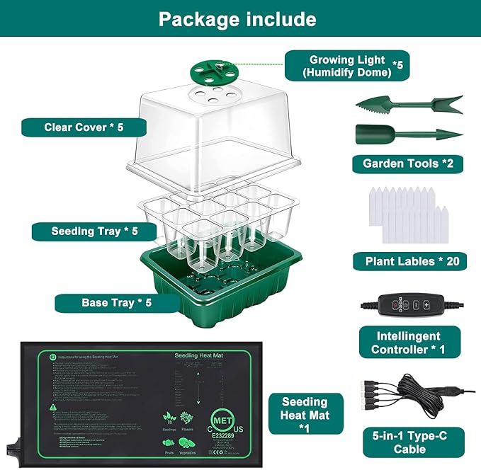 FINEST+ Seed Starter Tray with Heat Mat and Grow Light,5 Pack Seedling Starter Trays with Time Controller,Seedling Starter Tray with Adjustable Brightness,Seed Starting Kit with Adjustable Humidity
