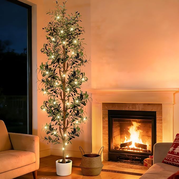 TNELTUEB Artificial Olive Tree 7FT-Large Faux Olive Trees Indoor with White Planter & Basket and Lights, Tall Fake Olive Plants Silk Tree with Branches and Fruits for Christmas Home Decor Office