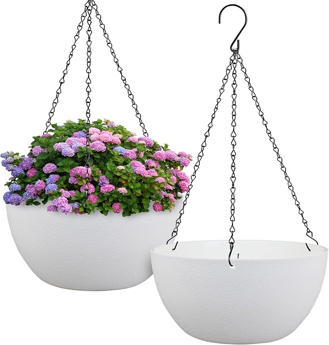 Meowell 12 inch Large Hanging Planters for Indoor Outdoor Plants, 2 Pack Hanging Flower Pots with Drainage Holes and Chain for Garden Porch, Plastic Hanging Baskets for House Plants, White