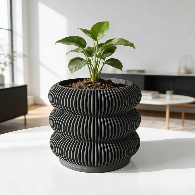 Fabix 4.7" 3D Printed Plant Pots - Unique Bubble Ring Modern Planters for Indoor Plants, Durableo-Friendly PLA Flower Pots with Drainage for Succulents, Cactus, Home Office Décor.(Black)