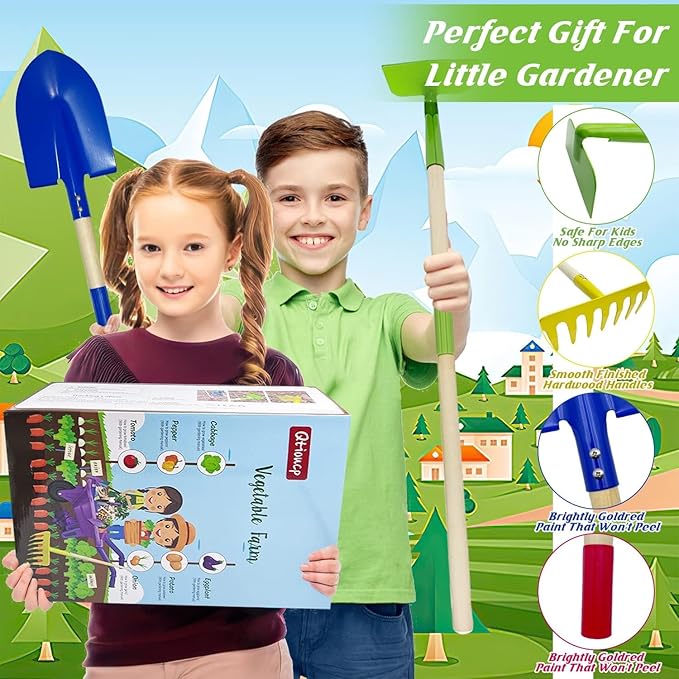 Qtioucp Kids Gardening Tools Outdoor Toys Set Backyard Play with Wheelbarrow Educational STEM Learning Pretend Toys Outdoor Indoor for Toddlers Kids Boys Girls (Red Wheelbarrow Set)