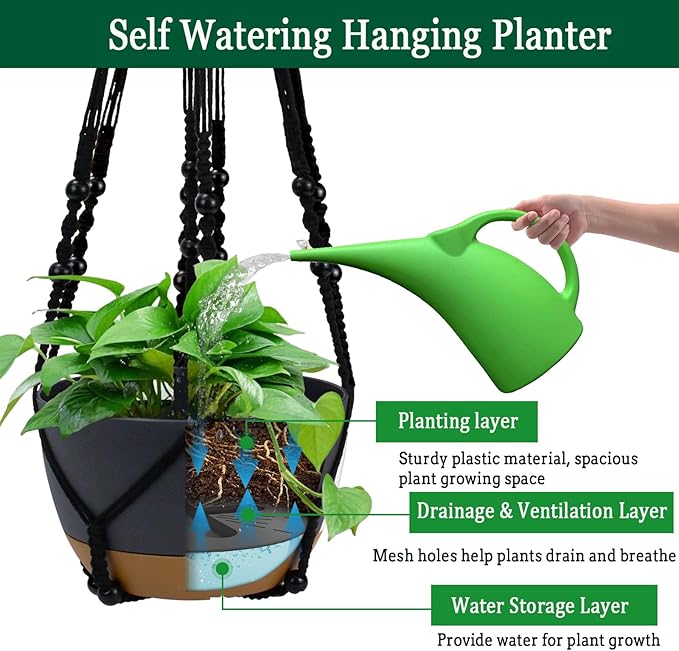 Koalaime 2 Pack Hanging Planters Set,10 Inch Indoor Outdoor Hanging Plant Pot Basket,Hanging Flower Pot with Drainage Hole with 3 Hooks for Garden Home… (Black Hanger Black Planters)