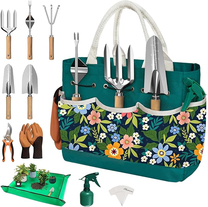 22Pcs Gardening Tools Set for Women Heavy Duty Garden Hand Tools Kit Garden Gifts for Mom Beginner Gardening Accessories with Tote Bag/Shovels/Repotting Mat/Plant Labels/Gloves-Dark Green