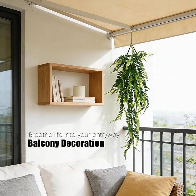 GREENTIME 2 Pack Artificial Boston Fern 28" Fake Hanging Plants with 9.8" Diamond Metal Planter UV Resistant No Maintenance Boho Wall Decor for Indoor Outdoor Bedroom Living Room Shelf