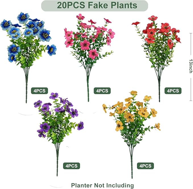 trytuny Artificial Flowers for Outdoor, UV Resistant Fake Silk Flowers, Realistic Faux Plants for Outside Indoor Porch Patio Window Box Planter Home Decor (20, Yellow Purple Rosy Red Blue)