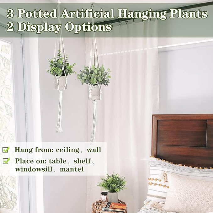 Artificial Plants 3 Pack Mini Fake Plants Fake Hanging Plants Artificial Decor with 3 Macrame Plant Hangers Decorative Plants Faux Hanging Plants Greenery Decor for Wall Kitchen Bathroom Home Office