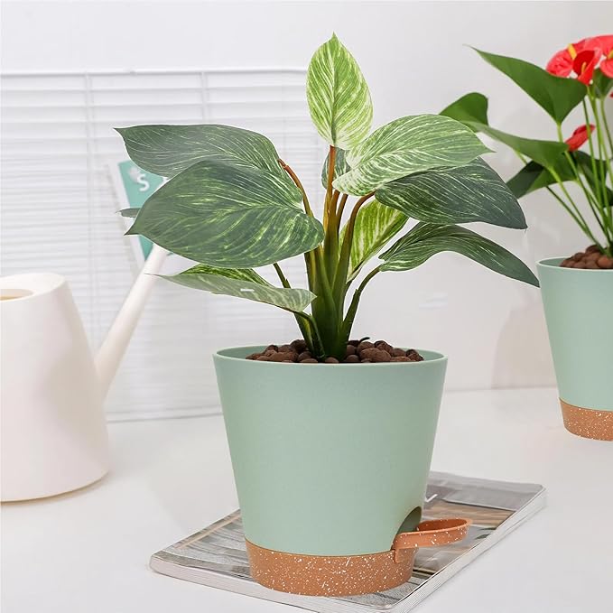 Vanslogreen Planters for Indoor Plants 7/6.5/6/5.5/5 Inch, Self Watering Planters with Drainage Holes and Saucers 5 Pack Plastic Pots for Plants, Succulents, Herbs, Cactus, Flower Pots, Green