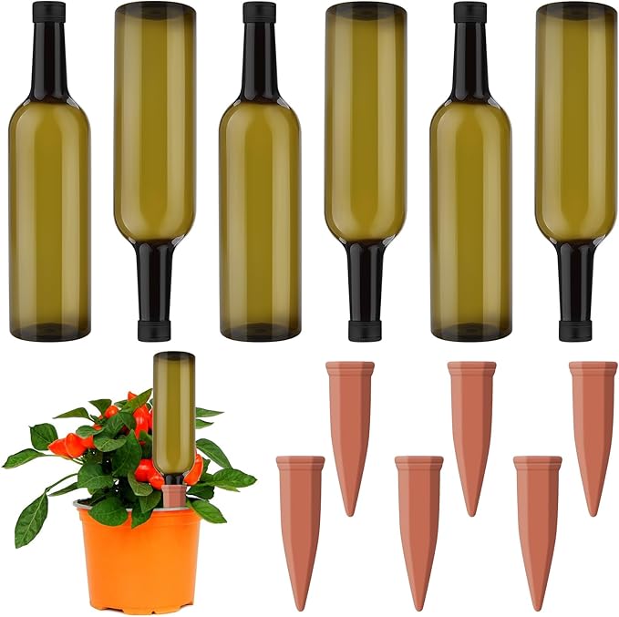 12 Pcs Self Watering Spikes for Plants Terracotta Automatic Plant Waterer Stakes with(25.5 Oz) Plastic PET Bottles, 6 Set Self Watering Globes Keep Plants Watered for 7-9 Days (6, Green)