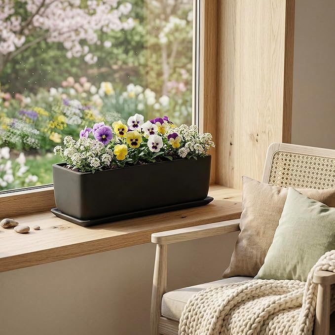 MyGift 14 Inch Ceramic Indoor Plant Pot, Rectangular Succulent Planter, Decorative Flower Planter with Drainage Hole and Removable Tray, Matte Black