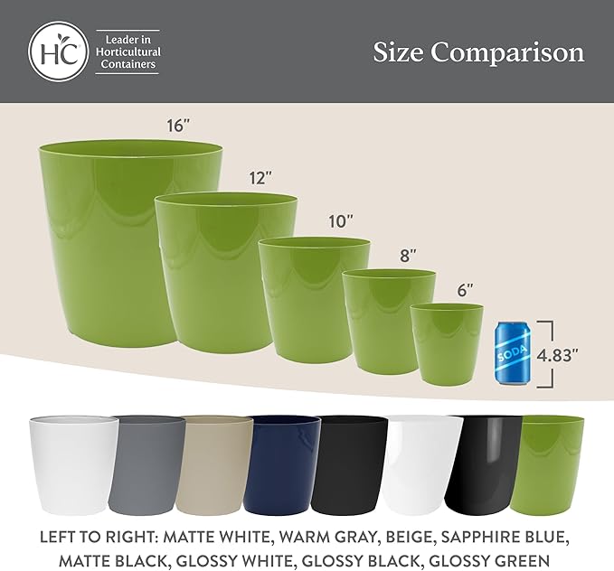 The HC Companies Aria Round Self-Watering Pot - Lightweight Plastic Planter for Herbs & More - Durable Plant Pots for Indoor Plants & Outdoor Plants (8" Glossy Black, Pack of 2)