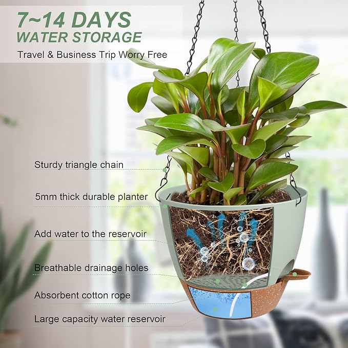 Vanslogreen Hanging Planters for Indoor Outdoor Plants, 2 Pack Self Watering Hanging Pot with Drainage Holes & Removable Tray (Green, 8'')
