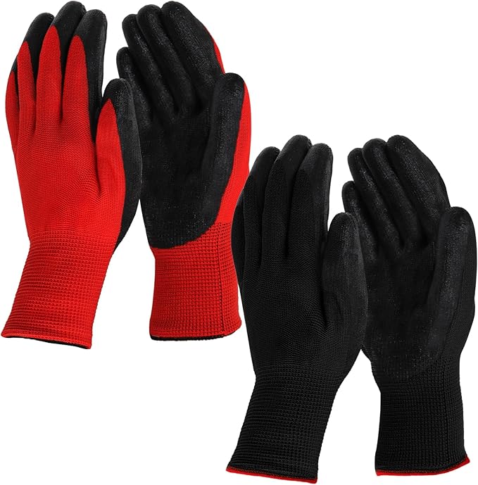 Lawei 48 Pairs Gardening Gloves for Men Women, 9 Inch Rubber Coated Safety Work Gloves Bulk, Breathable Reusable Garden Gloves for Weeding, Digging, Raking, Pruning and Construction, Black and Red