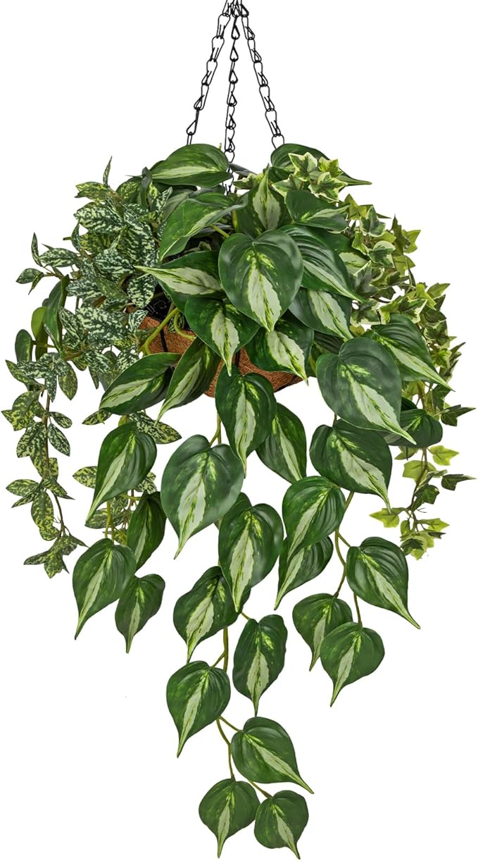 Fake Hanging Plant with Pot, Large Hanging Artificial Plants with Basket & Hanger Faux Greenery Plants Indoor Outdoor Decor Fake Pothos Plant in Pot for Wall Balcony Patio Office Bathroom Shelf