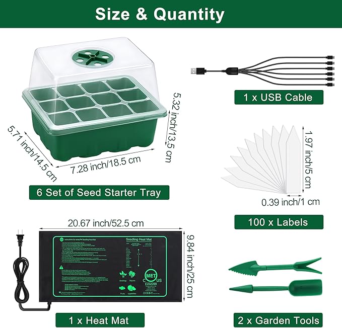 Hahood 6 Pack Seed Starter Tray Kit with Grow Light and Seedling Heat Mat 72 Cells Seed Starter Tray with Humidity Dome and Base Plastic Plant Growing Germination Trays for Seed Propagation, Green