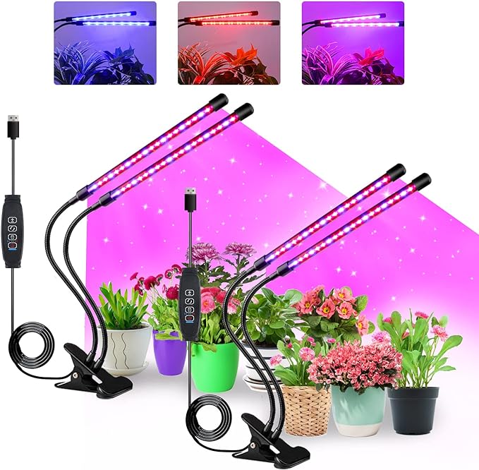 SDOVUERC Grow Lights for Indoor Plants, Full Spectrum LED Plant Lamps with Clips and 3m Cables for Seeding Growing(2 Pack)