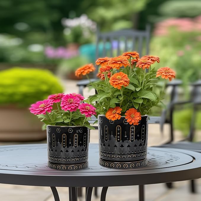 Eightpot Ceramic Pot for Plants - 8 Inch Plant Pots Indoor with Drainage Hole and Saucer, Decorative Round Planter Outdoor, Boho Ceramic Planter for Flower, House Garden Decor, Gardening Gifts, Black