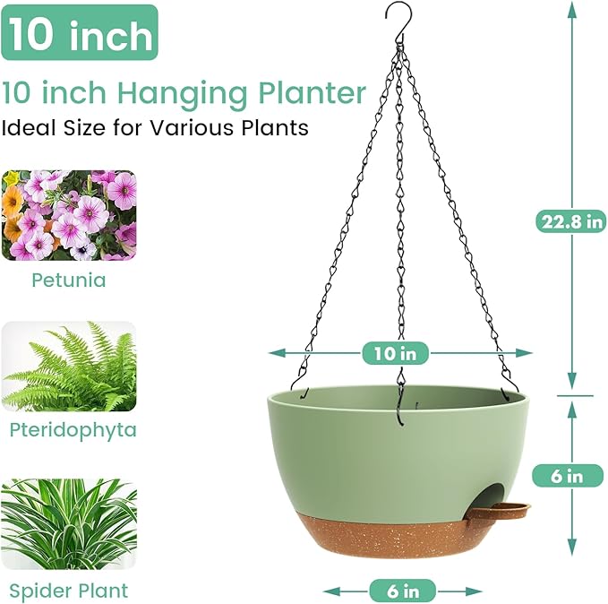 UOUZ Set of 3-10 Inch Self Watering Hanging Planters for Indoor & Outdoor，Hanging Plant Pots with Drainage & Removable Tray, Hanging Pots Holder for Ivy, Ferns, Balcony & Patio, Green and Brown